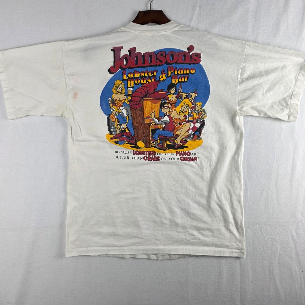 Vintage 90s Big Johnson Lobster House Graphic Novelty T Shirt White Size M